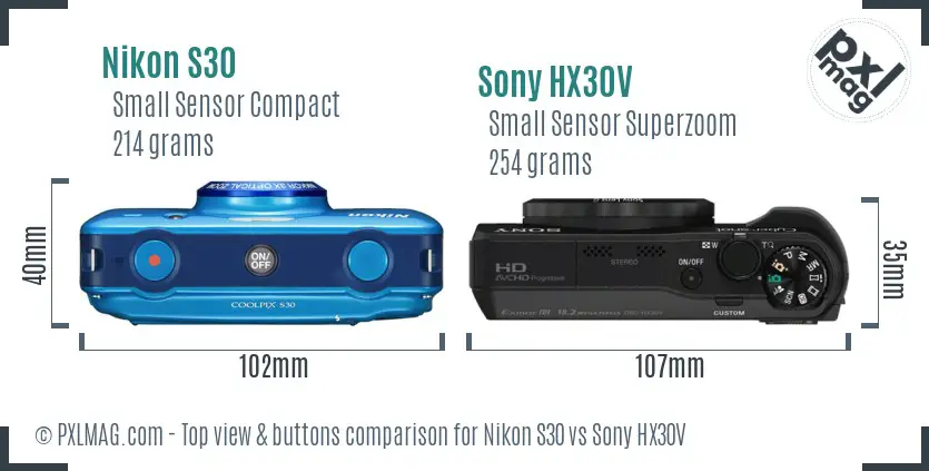 Nikon S30 vs Sony HX30V top view buttons comparison Nikon S30 vs Sony HX30V top view buttons comparison