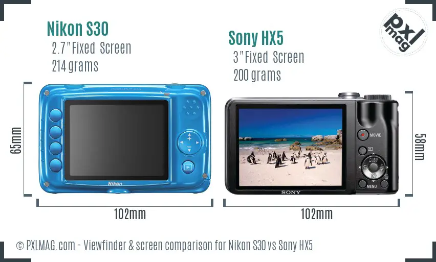 Nikon S30 vs Sony HX5 Screen and Viewfinder comparison