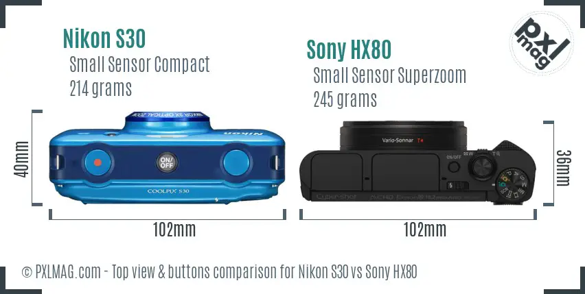 Nikon S30 vs Sony HX80 top view buttons comparison