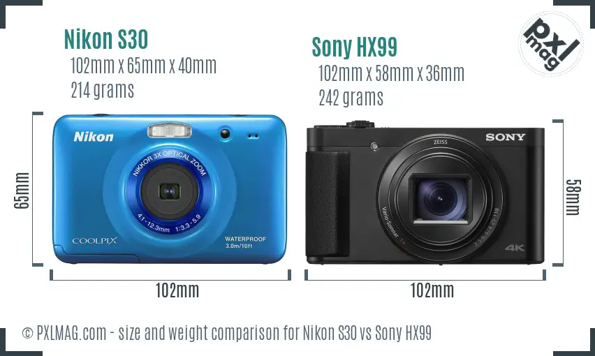 Nikon S30 vs Sony HX99 size comparison