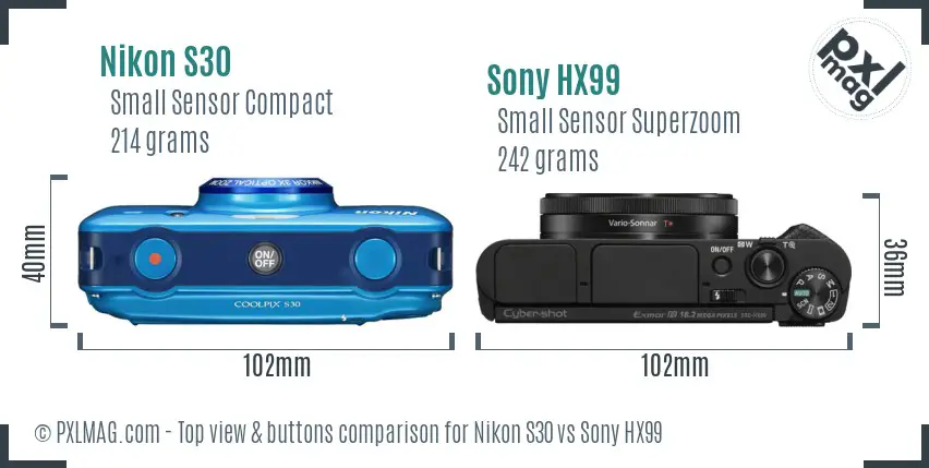 Nikon S30 vs Sony HX99 top view buttons comparison