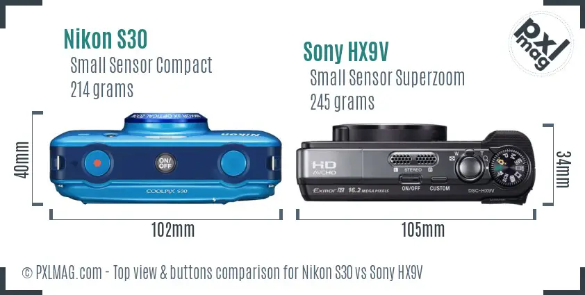Nikon S30 vs Sony HX9V top view buttons comparison Nikon S30 vs Sony HX9V top view buttons comparison
