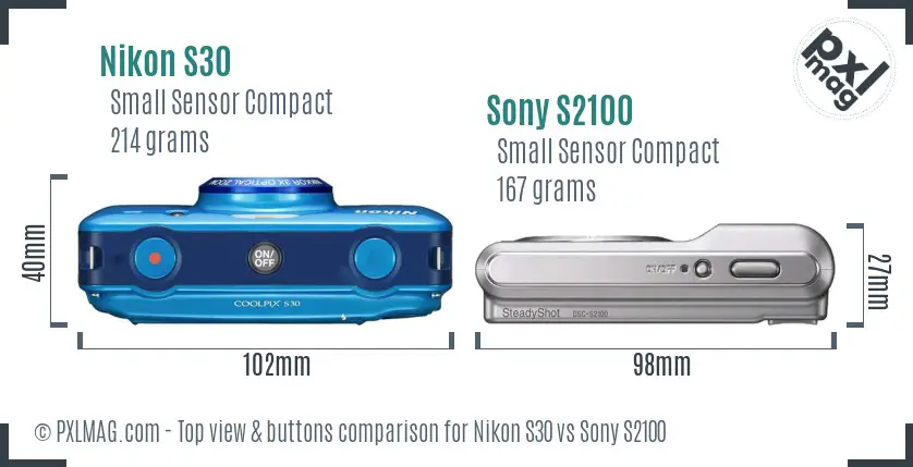 Nikon S30 vs Sony S2100 top view buttons comparison Nikon S30 vs Sony S2100 top view buttons comparison