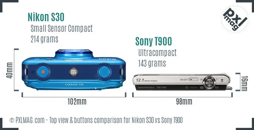 Nikon S30 vs Sony T900 top view buttons comparison