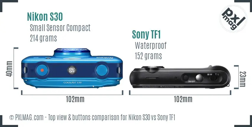 Nikon S30 vs Sony TF1 top view buttons comparison