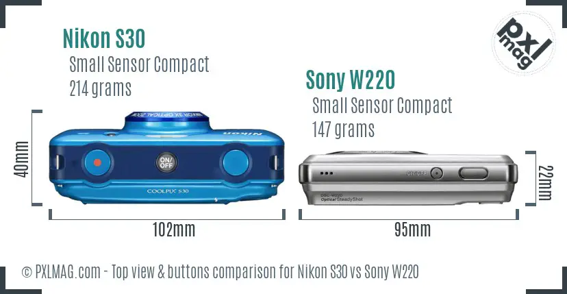 Nikon S30 vs Sony W220 top view buttons comparison