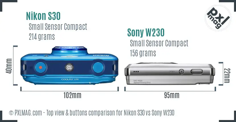 Nikon S30 vs Sony W230 top view buttons comparison