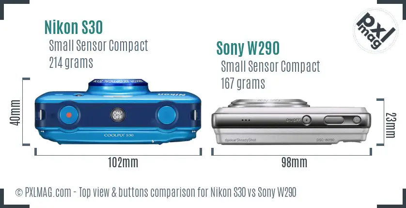Nikon S30 vs Sony W290 top view buttons comparison
