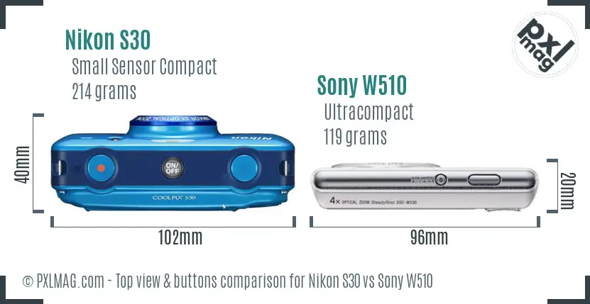 Nikon S30 vs Sony W510 top view buttons comparison