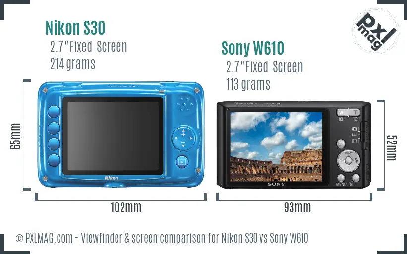 Nikon S30 vs Sony W610 Screen and Viewfinder comparison