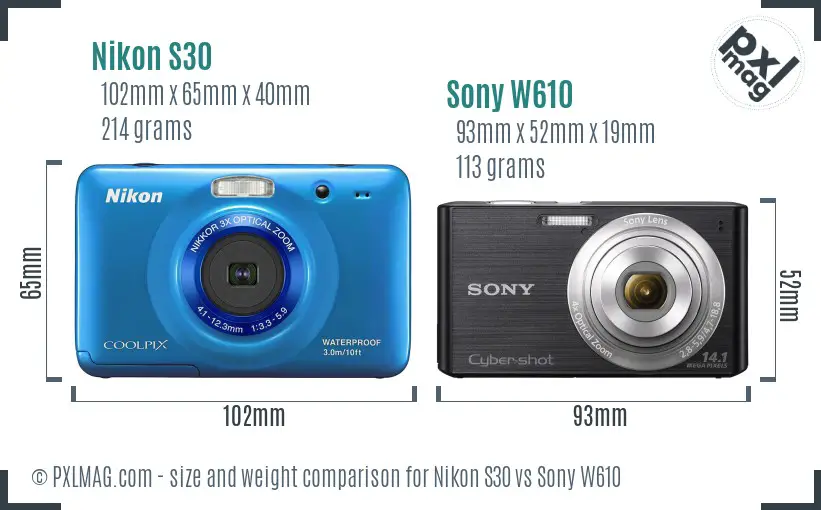 Nikon S30 vs Sony W610 size comparison