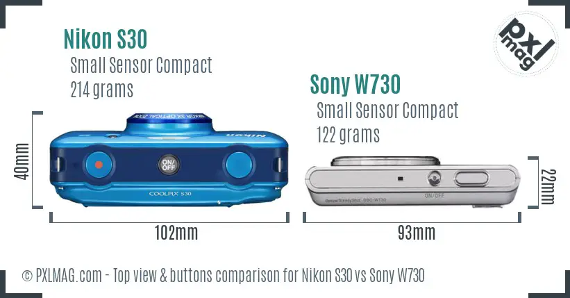 Nikon S30 vs Sony W730 top view buttons comparison