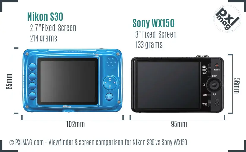 Nikon S30 vs Sony WX150 Screen and Viewfinder comparison