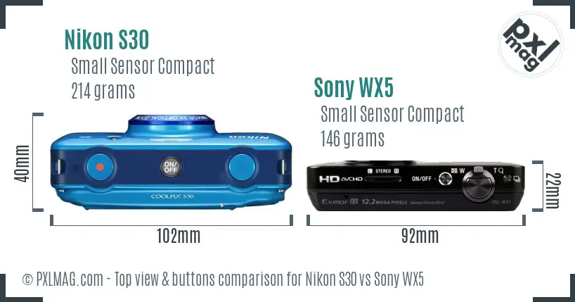Nikon S30 vs Sony WX5 top view buttons comparison