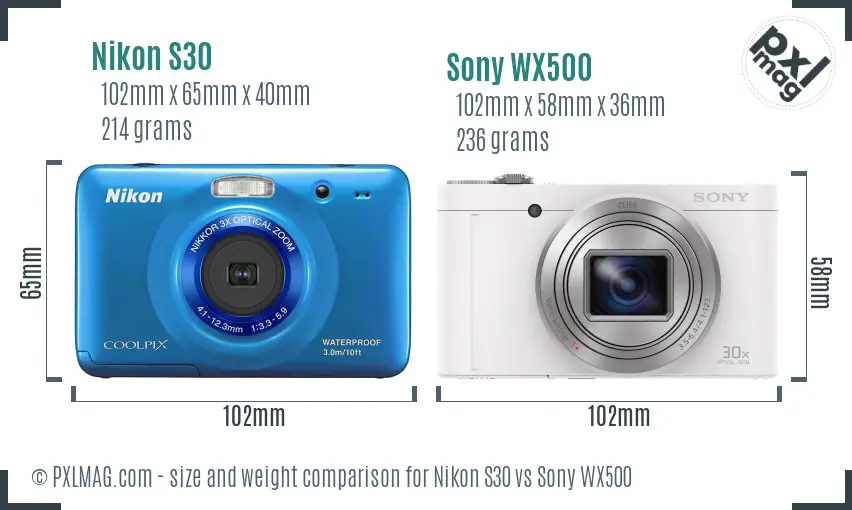 Nikon S30 vs Sony WX500 size comparison