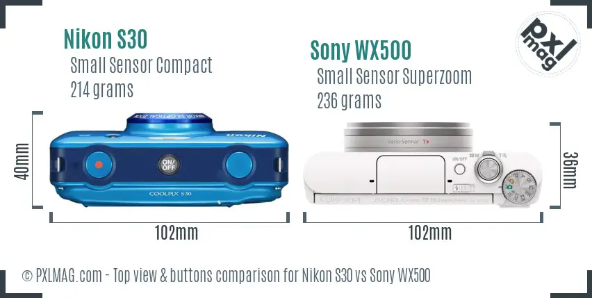 Nikon S30 vs Sony WX500 top view buttons comparison