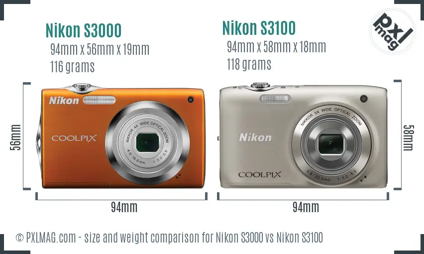 Nikon S3000 vs Nikon S3100 size comparison