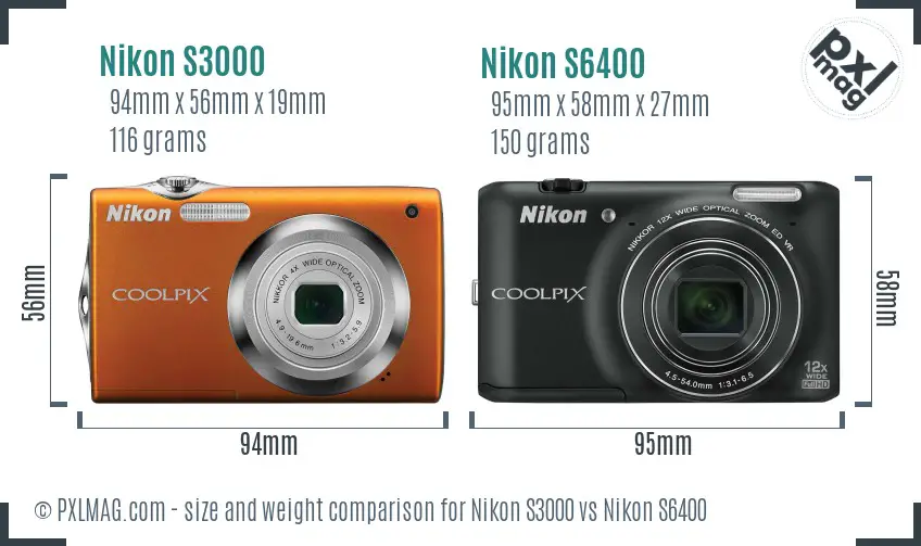 Nikon S3000 vs Nikon S6400 size comparison
