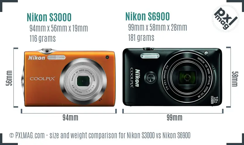Nikon S3000 vs Nikon S6900 size comparison