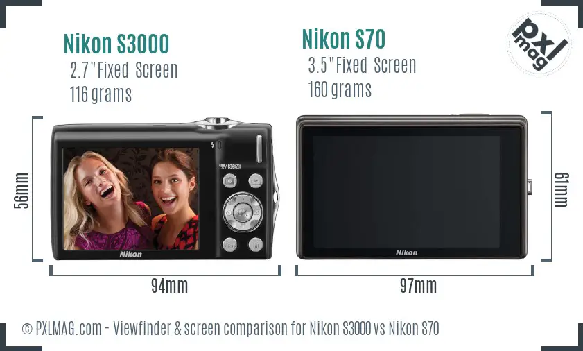 Nikon S3000 vs Nikon S70 Screen and Viewfinder comparison