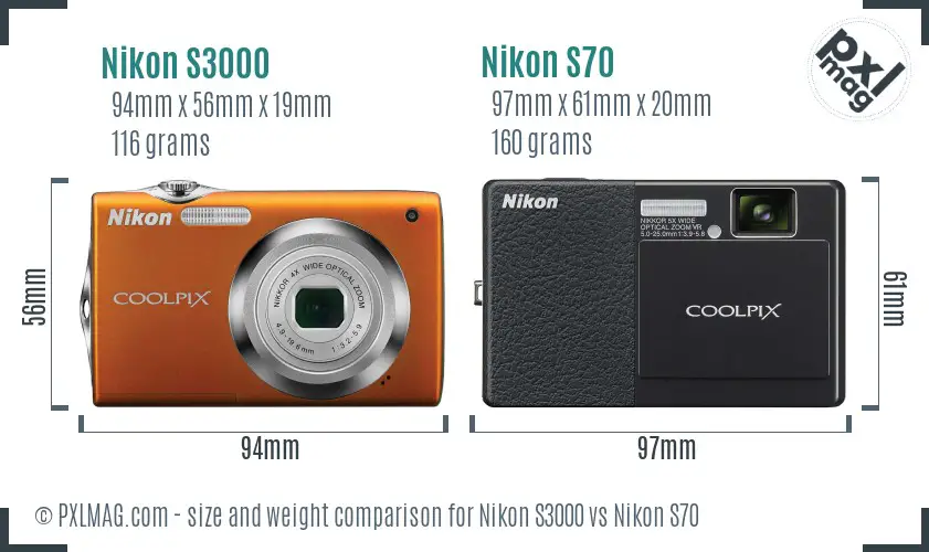 Nikon S3000 vs Nikon S70 size comparison
