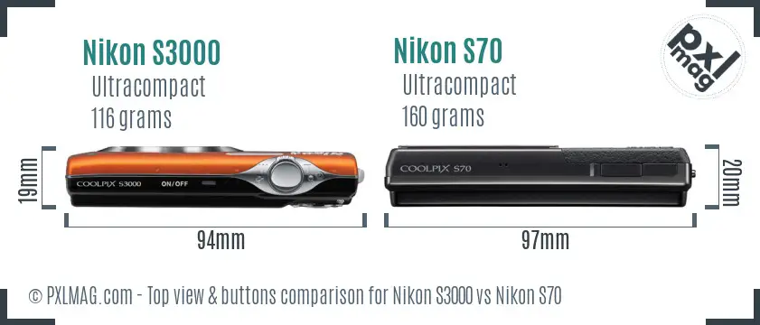 Nikon S3000 vs Nikon S70 top view buttons comparison