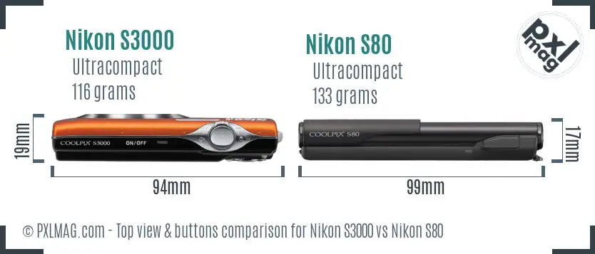 Nikon S3000 vs Nikon S80 top view buttons comparison