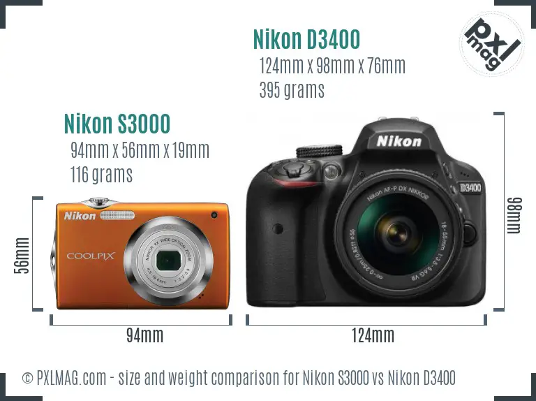 Nikon S3000 vs Nikon D3400 size comparison Nikon S3000 vs Nikon D3400 size comparison