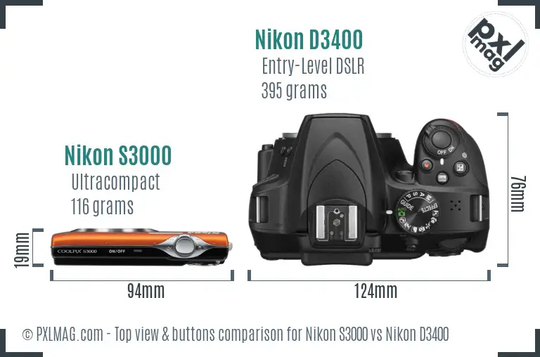 Nikon S3000 vs Nikon D3400 top view buttons comparison Nikon S3000 vs Nikon D3400 top view buttons comparison