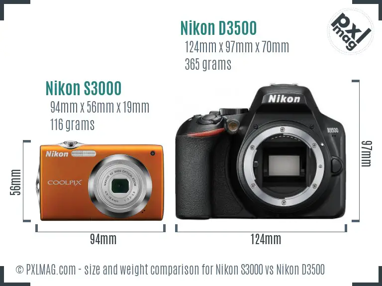 Nikon S3000 vs Nikon D3500 size comparison