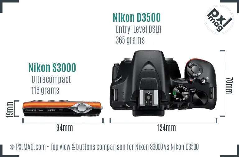 Nikon S3000 vs Nikon D3500 top view buttons comparison