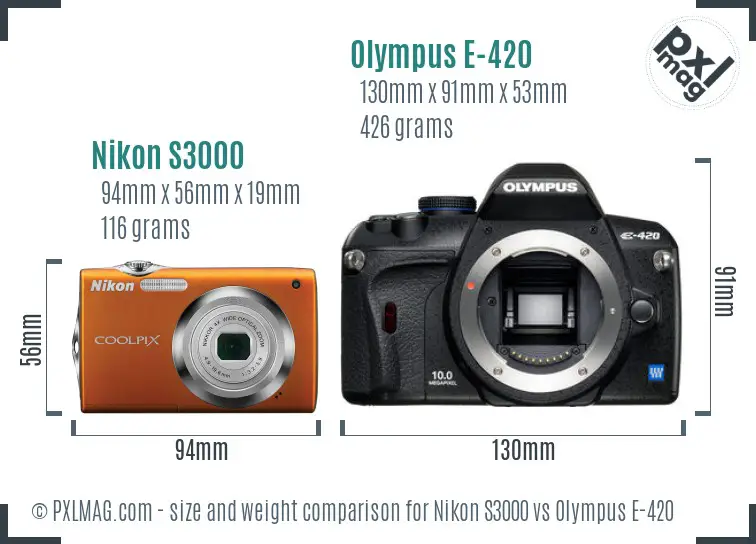Nikon S3000 vs Olympus E-420 size comparison