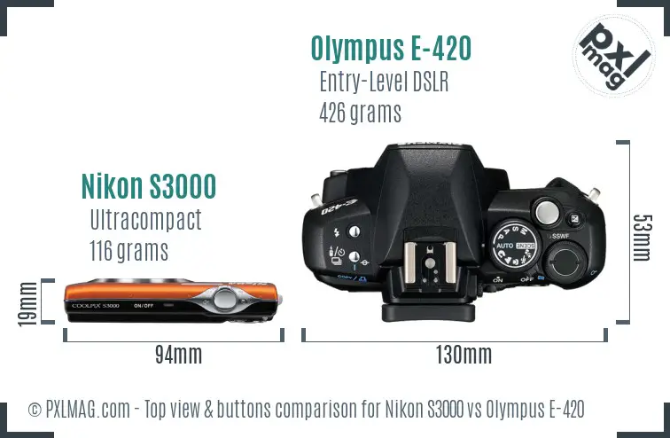 Nikon S3000 vs Olympus E-420 top view buttons comparison