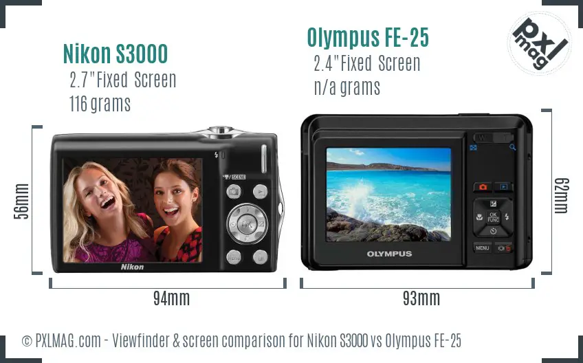 Nikon S3000 vs Olympus FE-25 Screen and Viewfinder comparison