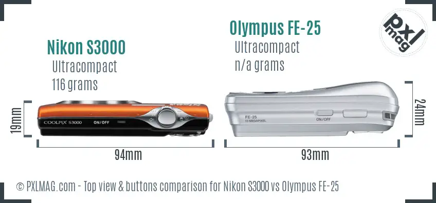 Nikon S3000 vs Olympus FE-25 top view buttons comparison