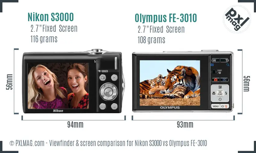 Nikon S3000 vs Olympus FE-3010 Screen and Viewfinder comparison