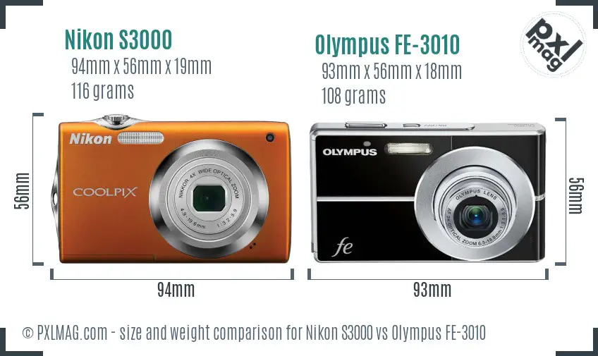 Nikon S3000 vs Olympus FE-3010 size comparison