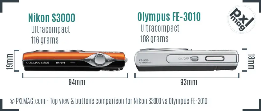 Nikon S3000 vs Olympus FE-3010 top view buttons comparison
