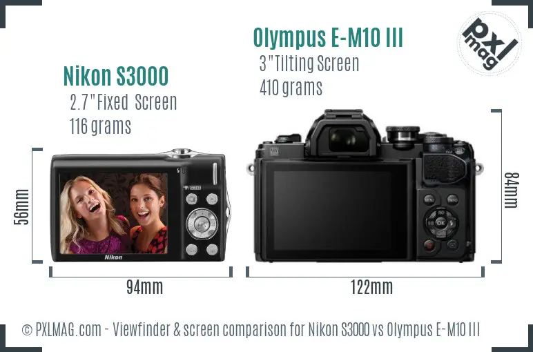 Nikon S3000 vs Olympus E-M10 III Screen and Viewfinder comparison