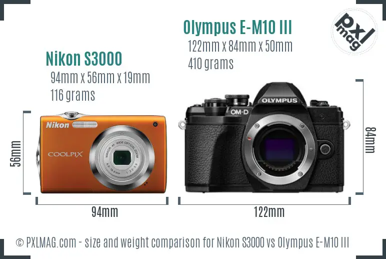 Nikon S3000 vs Olympus E-M10 III size comparison