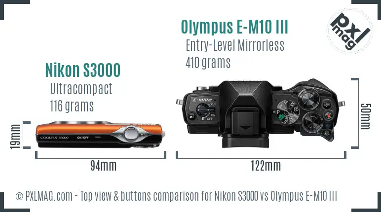 Nikon S3000 vs Olympus E-M10 III top view buttons comparison