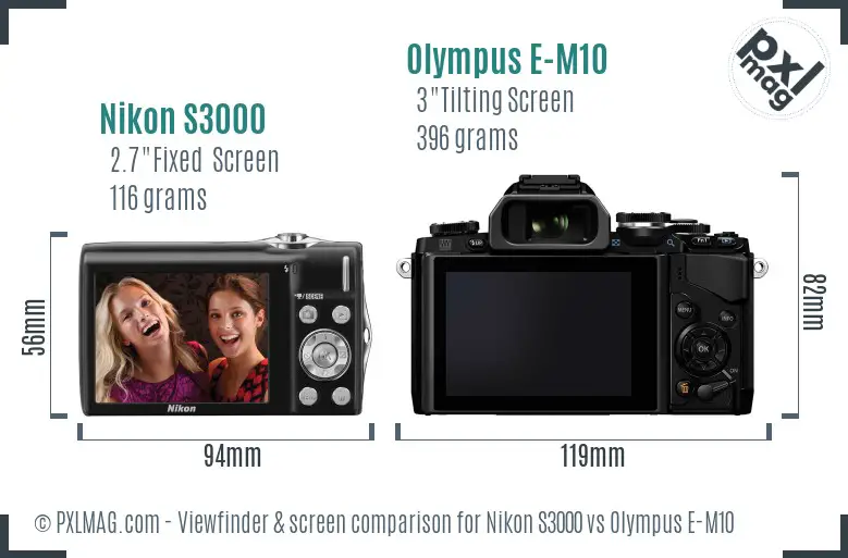 Nikon S3000 vs Olympus E-M10 Screen and Viewfinder comparison