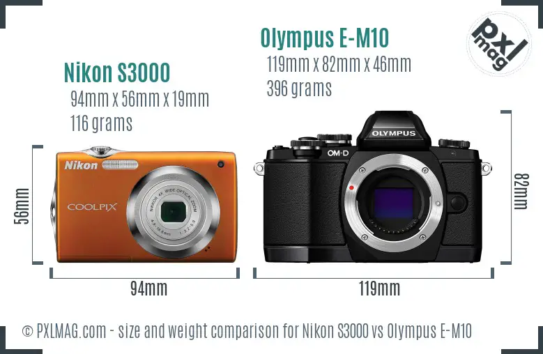 Nikon S3000 vs Olympus E-M10 size comparison