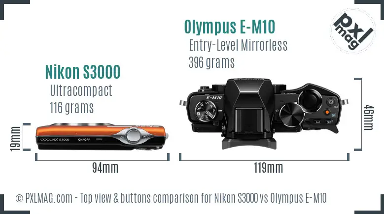 Nikon S3000 vs Olympus E-M10 top view buttons comparison