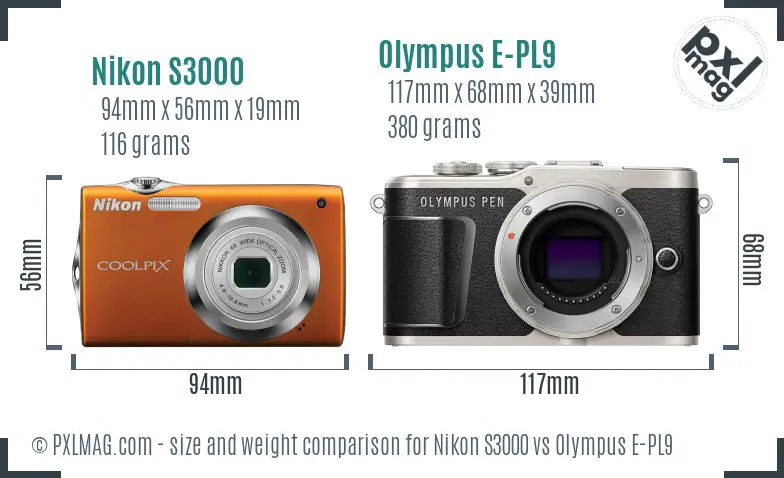 Nikon S3000 vs Olympus E-PL9 size comparison