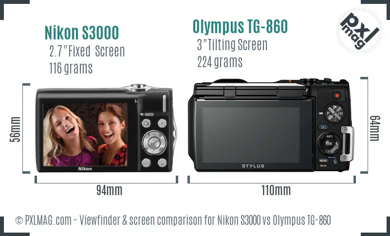 Nikon S3000 vs Olympus TG-860 Screen and Viewfinder comparison