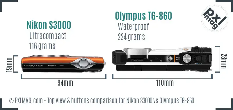 Nikon S3000 vs Olympus TG-860 top view buttons comparison