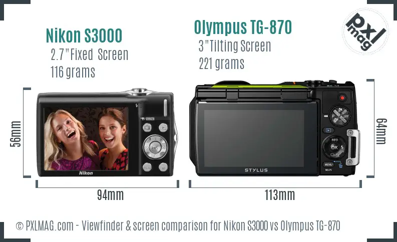 Nikon S3000 vs Olympus TG-870 Screen and Viewfinder comparison