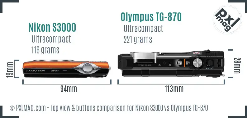 Nikon S3000 vs Olympus TG-870 top view buttons comparison