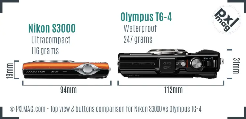 Nikon S3000 vs Olympus TG-4 top view buttons comparison